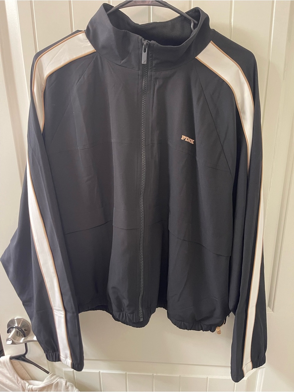 PINK Victoria's Secret Black Windbreaker with Cream Stripes